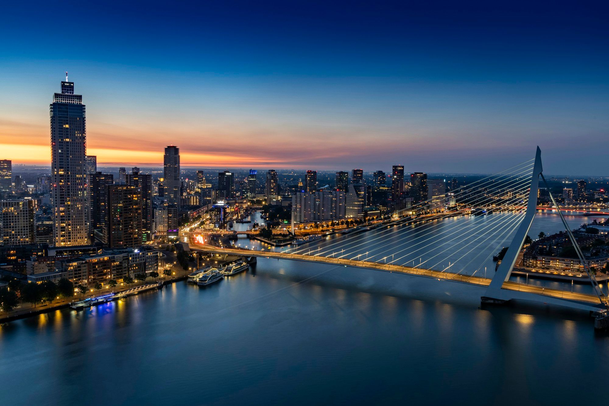 The Rotterdam skyline and the Erasmus Bridge lit up at night, seen from above