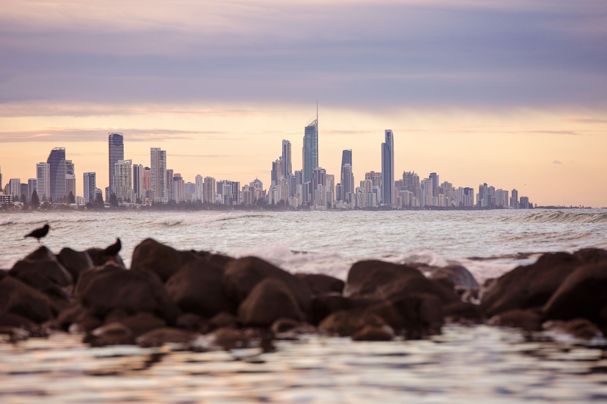 The Gold Coast skyline seen across the water from a rocky shoreline at golden hour.