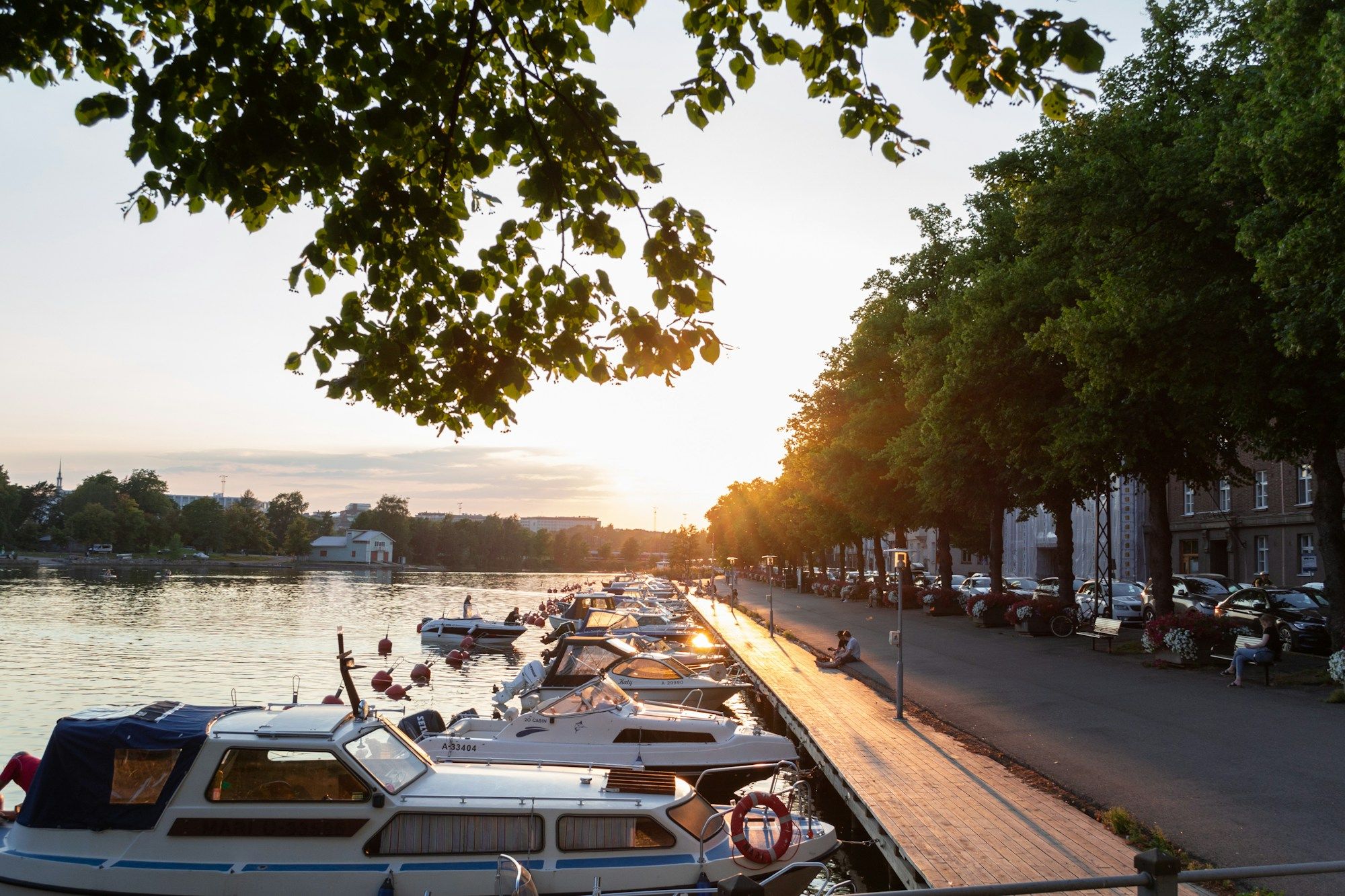 Motorboats moored along a tree-lined quay in Helsinki at sunset, with the low sun shining through the trees.