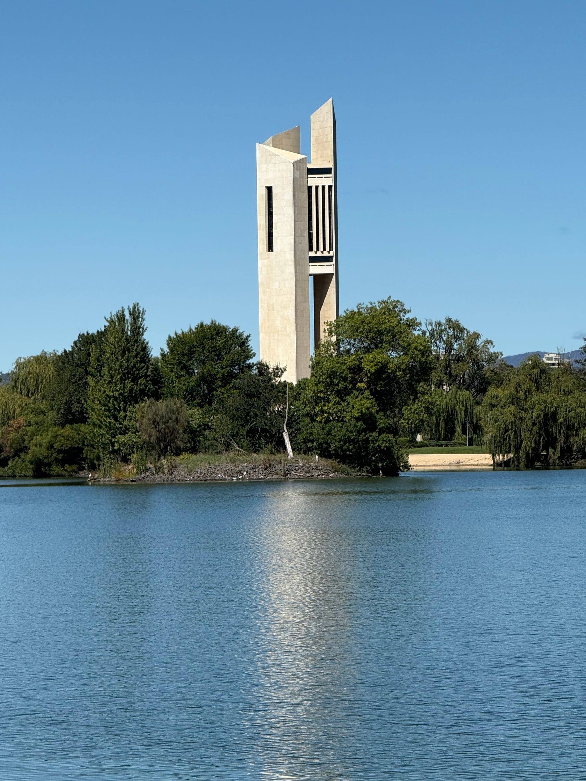 The National Carillon on Aspen Island in Lake Burley Griffin, Canberra, on a clear day.