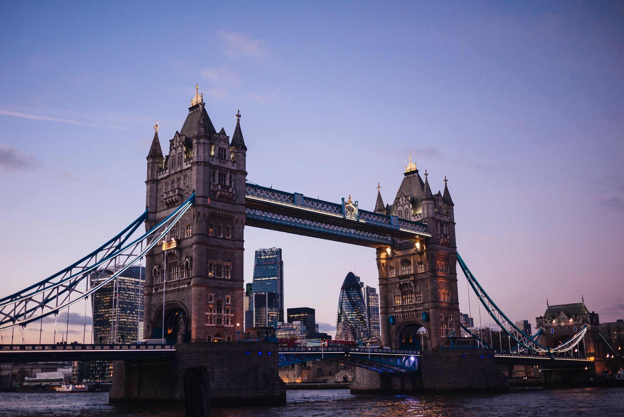 Tower Bridge across the Thames in London at dusk