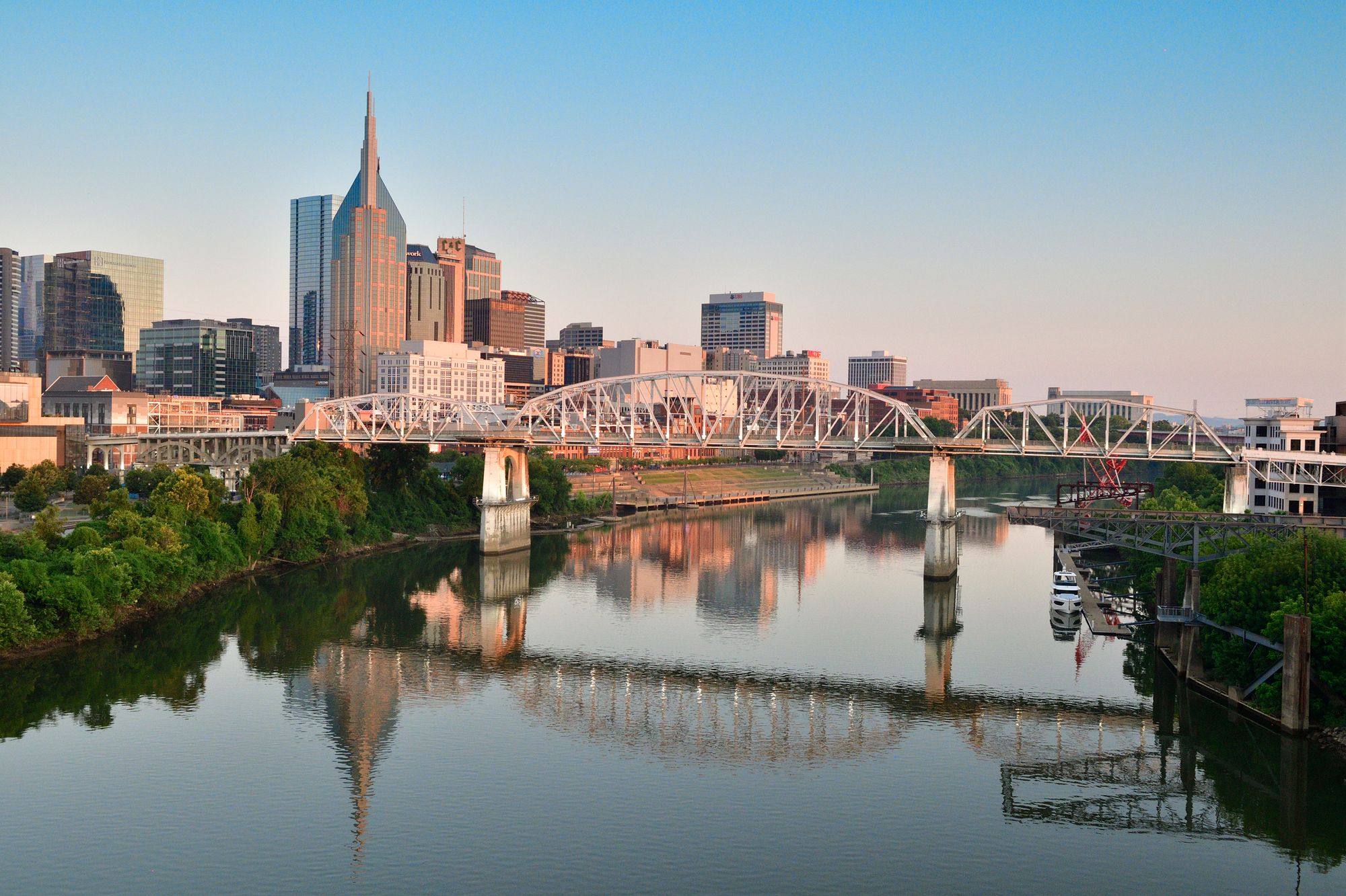 The Nashville skyline with the AT&T Building and the pedestrian bridge over the Cumberland River.