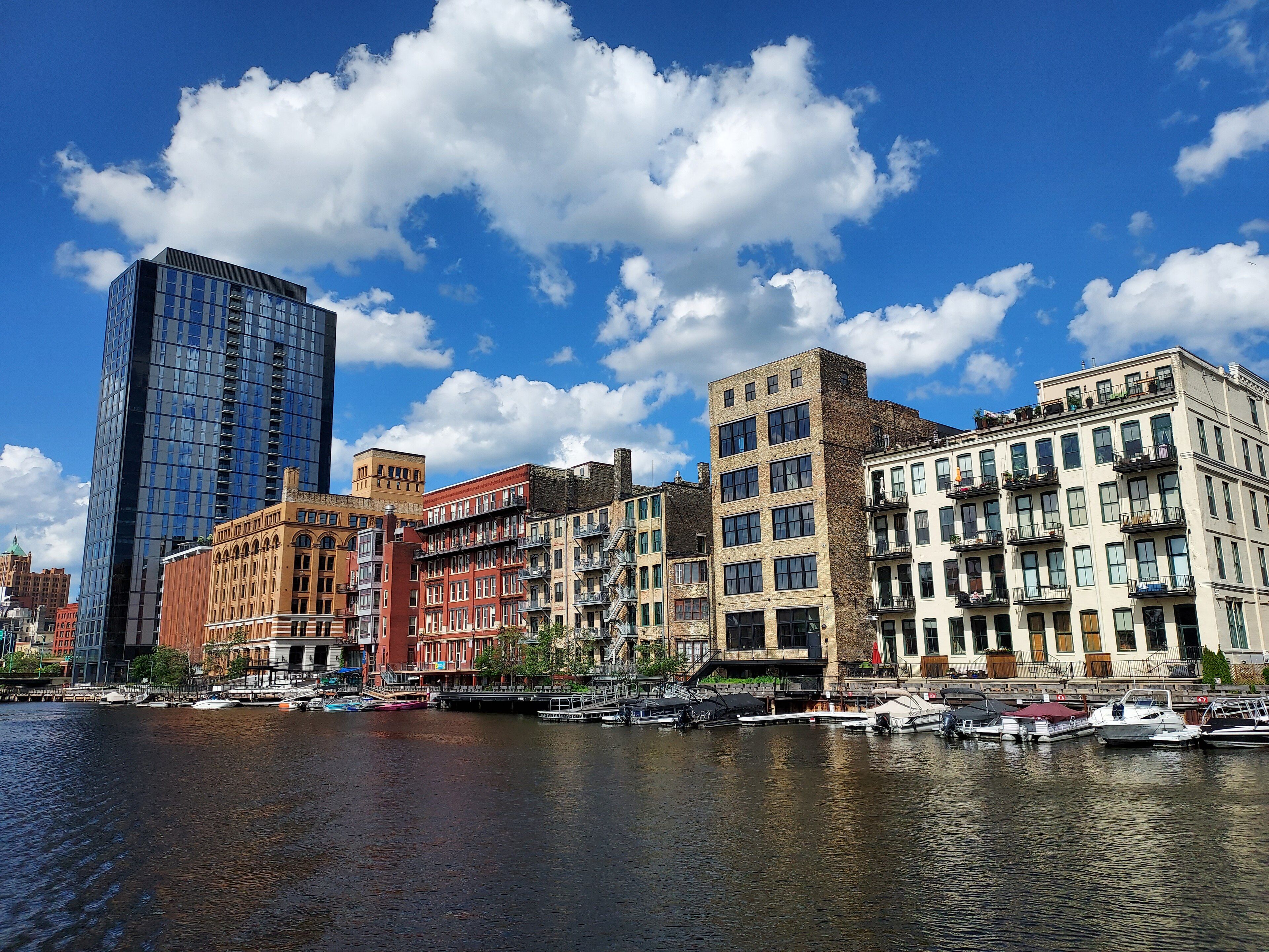 Brick warehouses of the Historic Third Ward beside the Milwaukee River in Milwaukee.