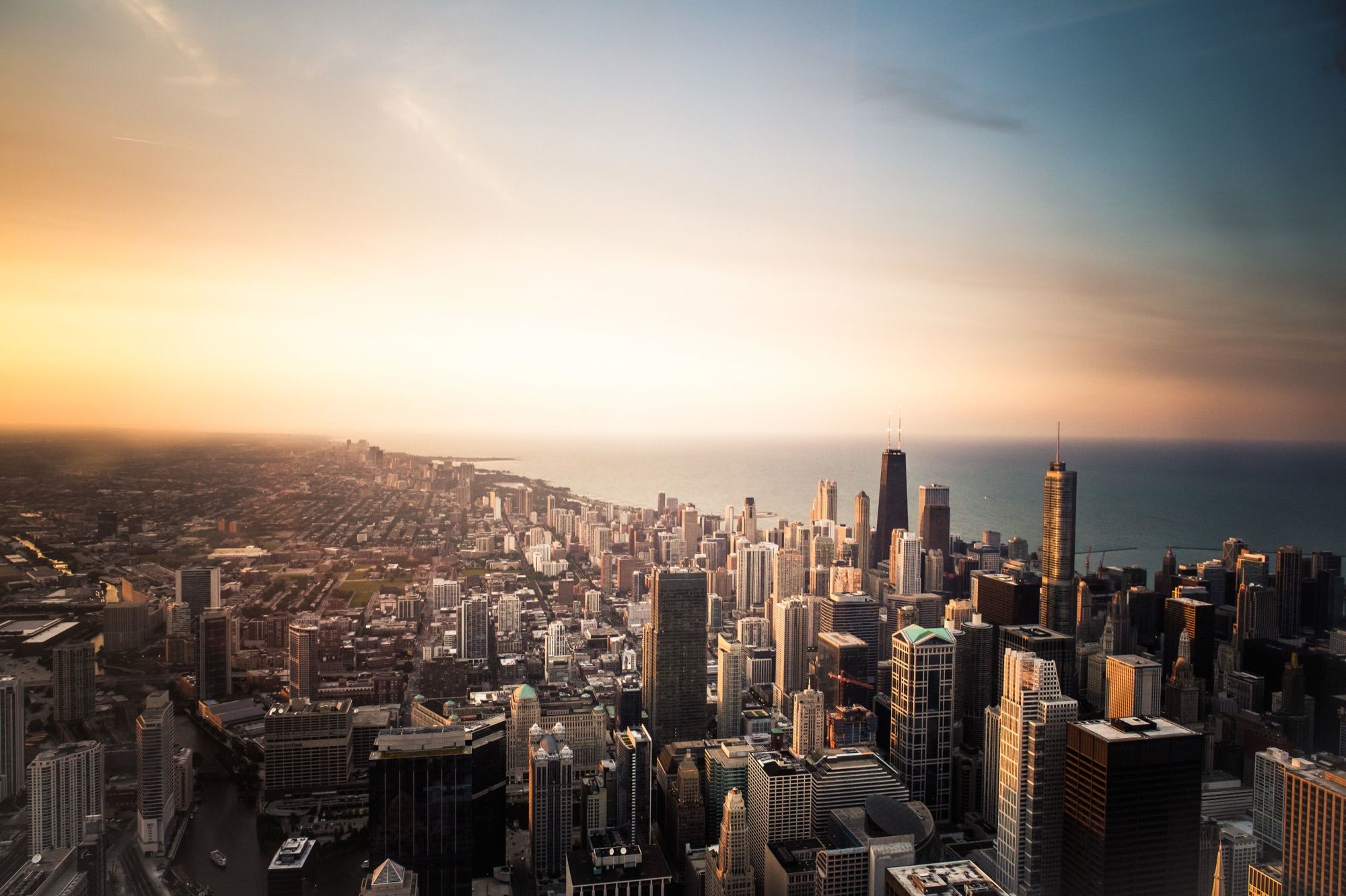 Chicago at sunset, seen from Willis Tower