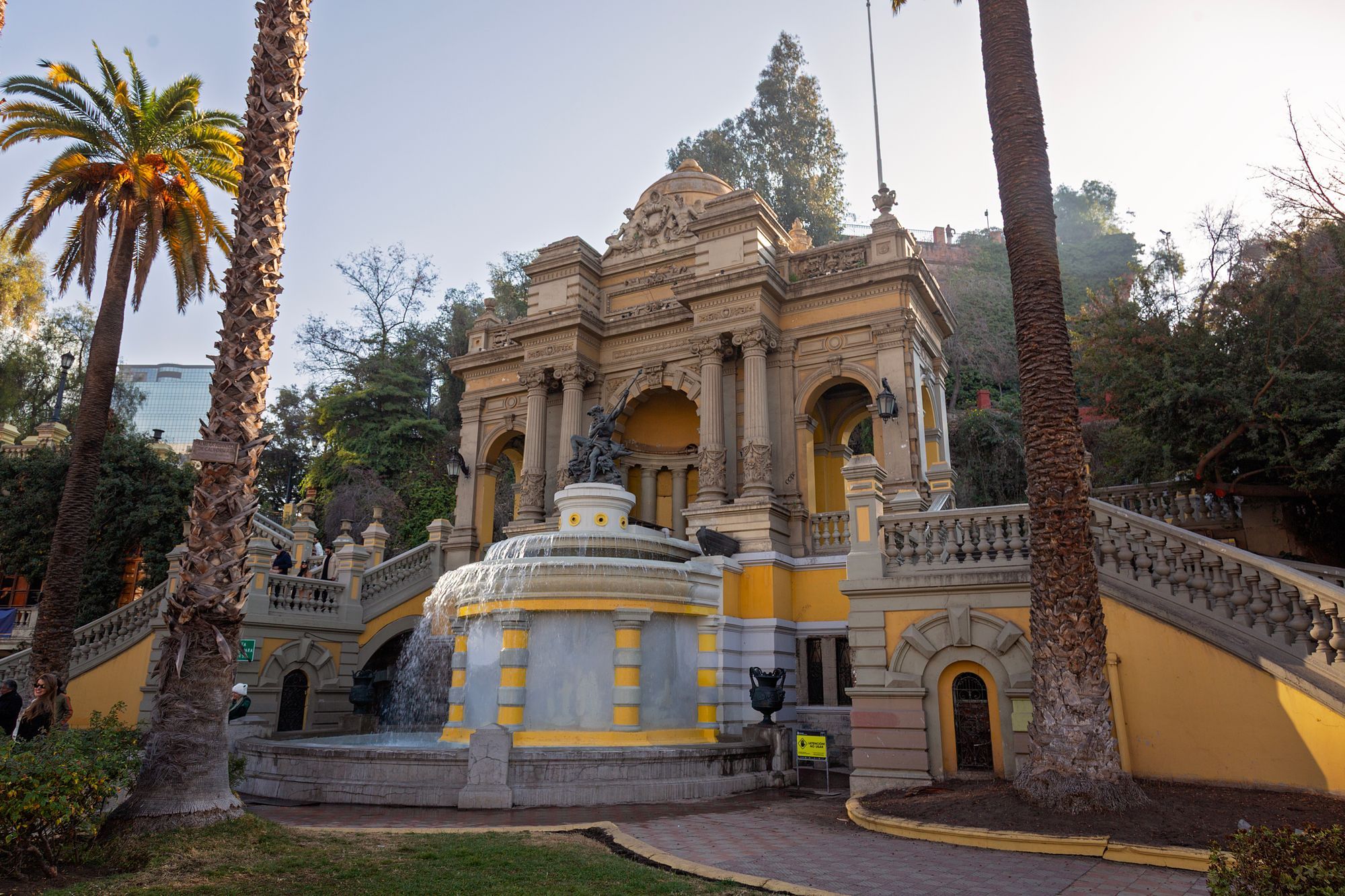 The terraced fountain on Santa Lucía Hill with palm trees in Santiago, Chile.