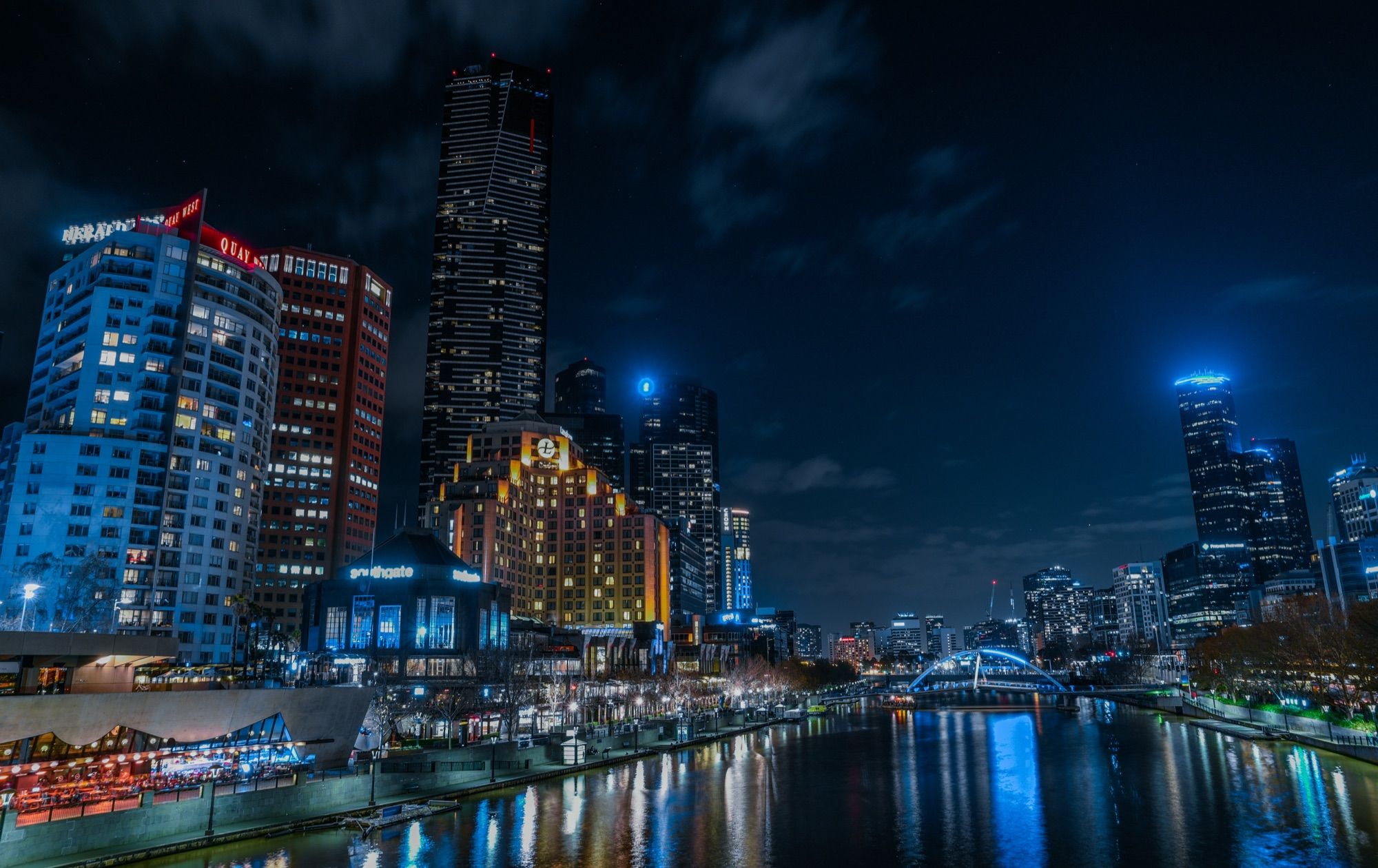 Melbourne’s towers lit up at night along the Yarra River