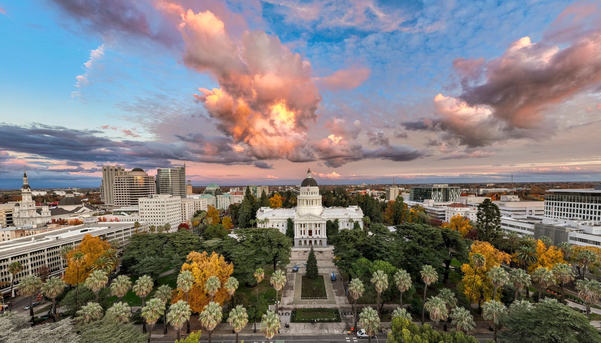 The California State Capitol and the trees of Capitol Park in Sacramento, seen from above at sunset.