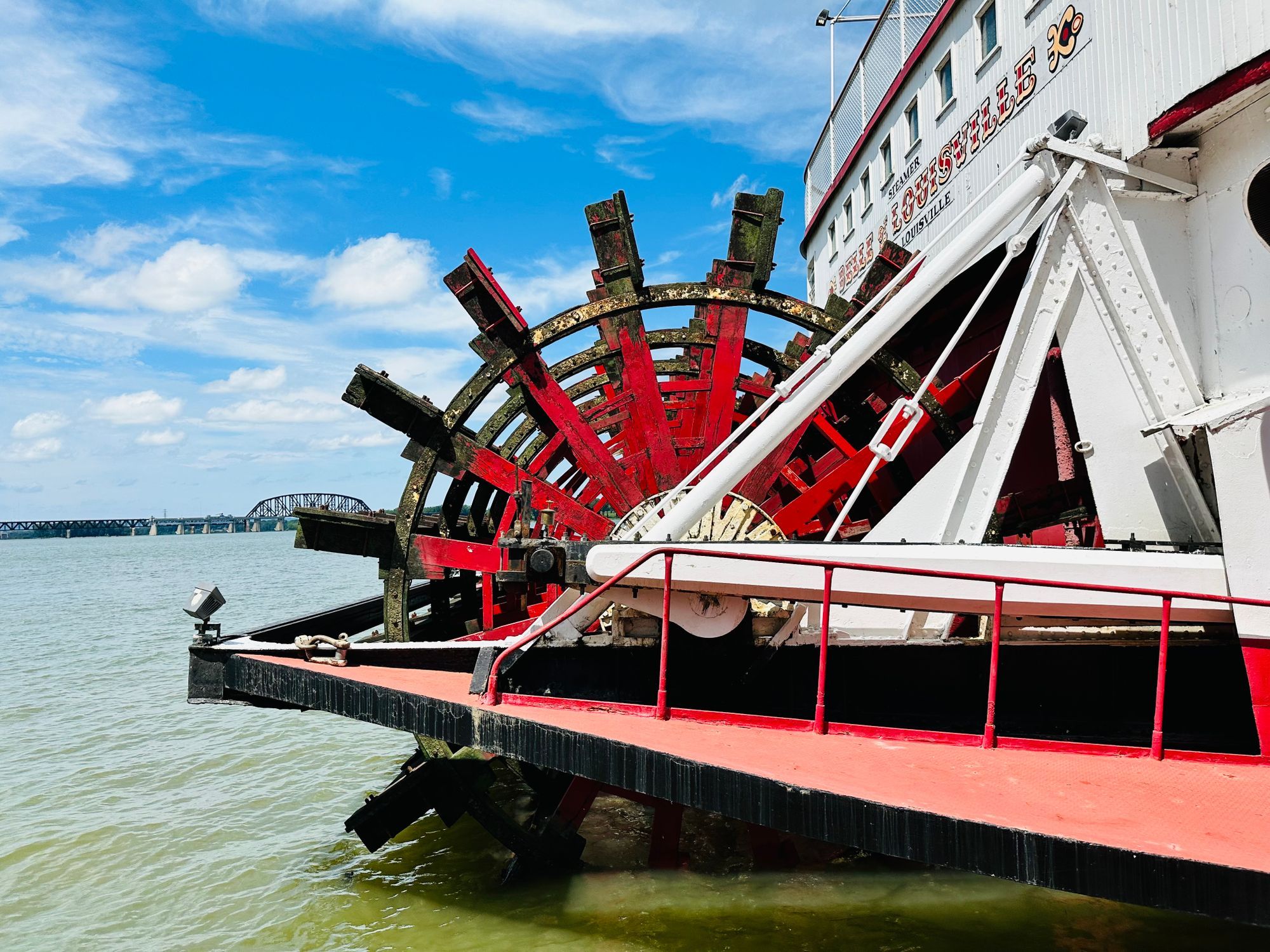 The red paddlewheel of the Belle of Louisville on the Ohio River in Louisville.
