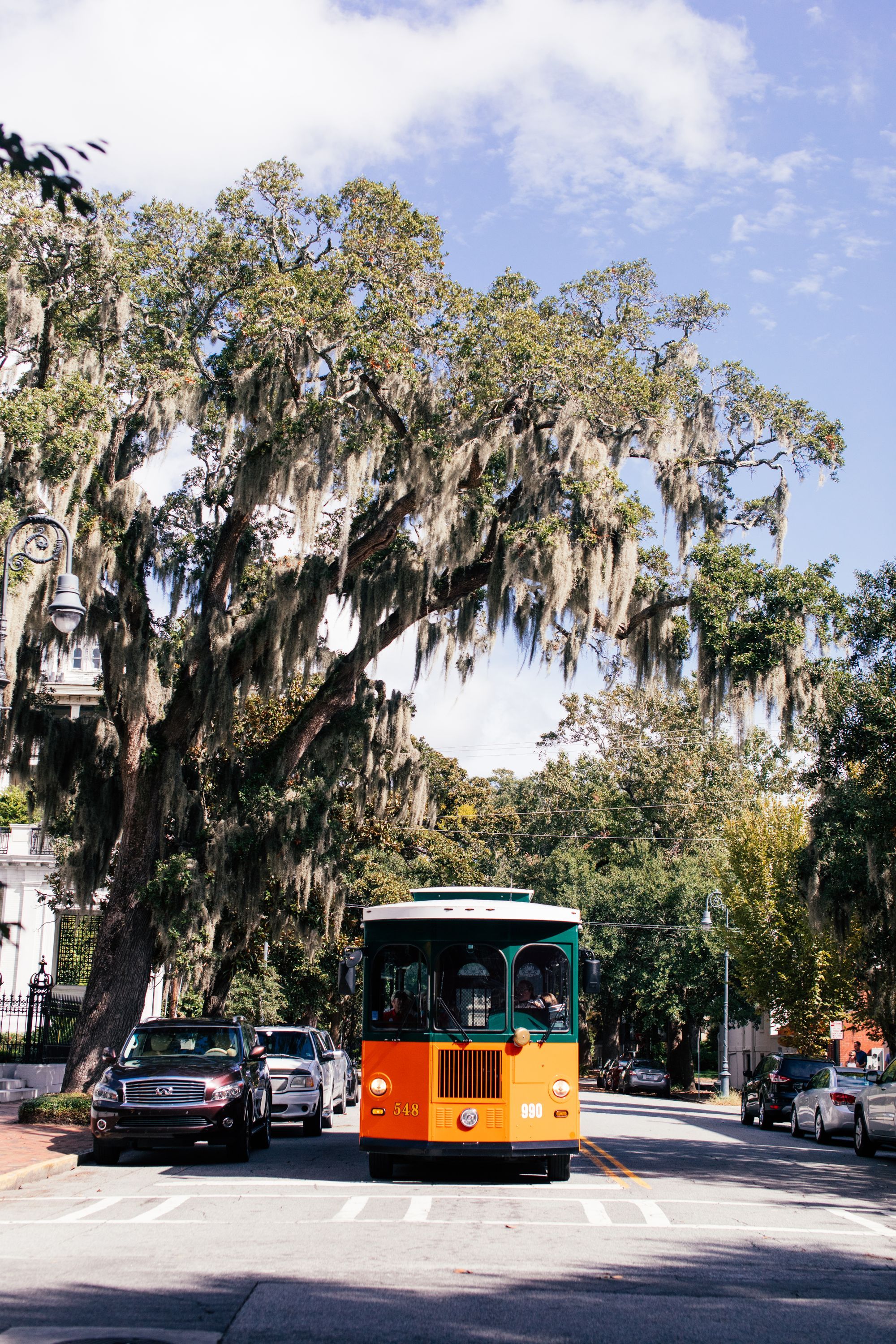 A trolley passing under live oaks draped in Spanish moss on a Savannah street.