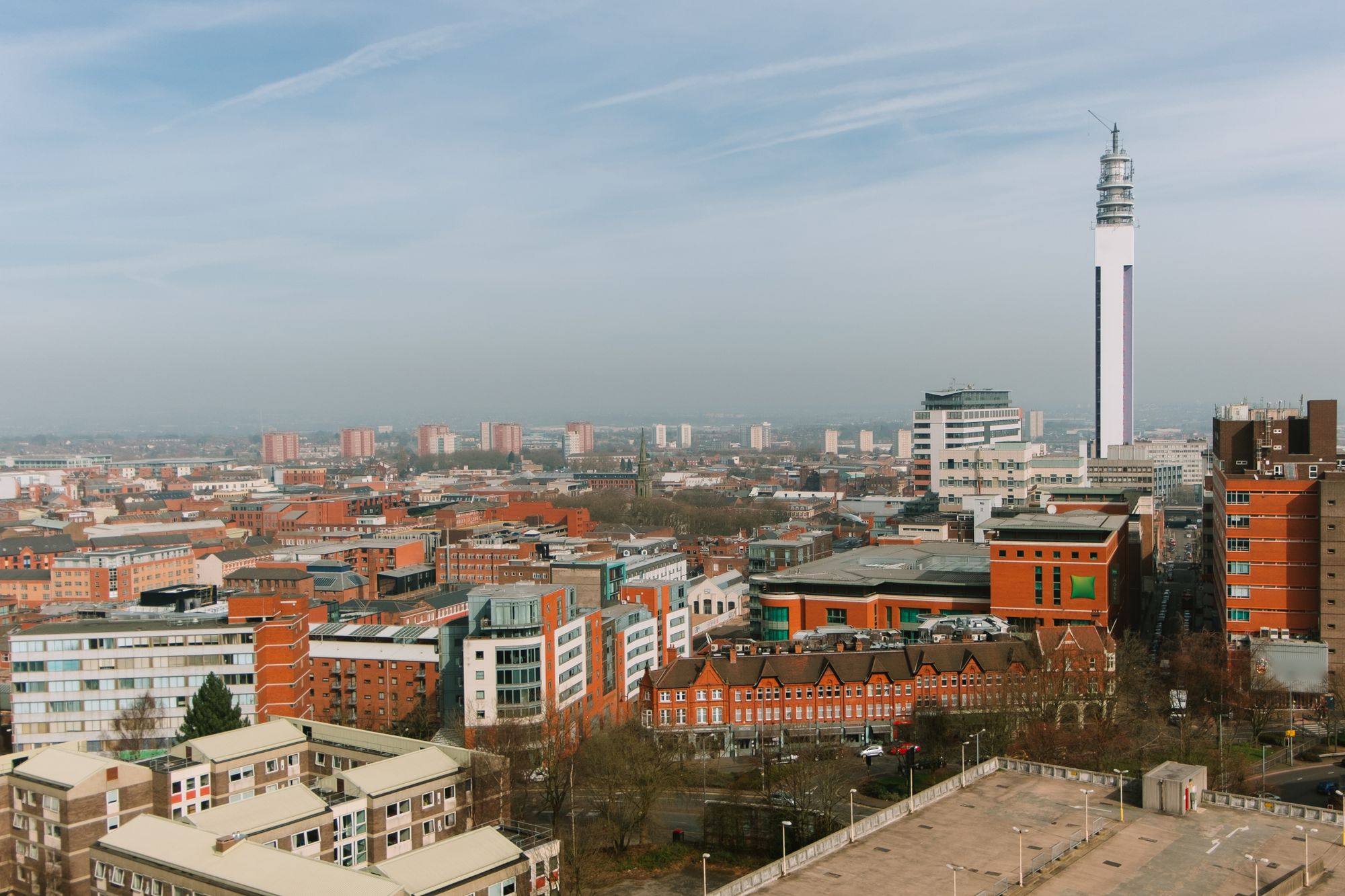 The BT Tower rising above the rooftops of central Birmingham.
