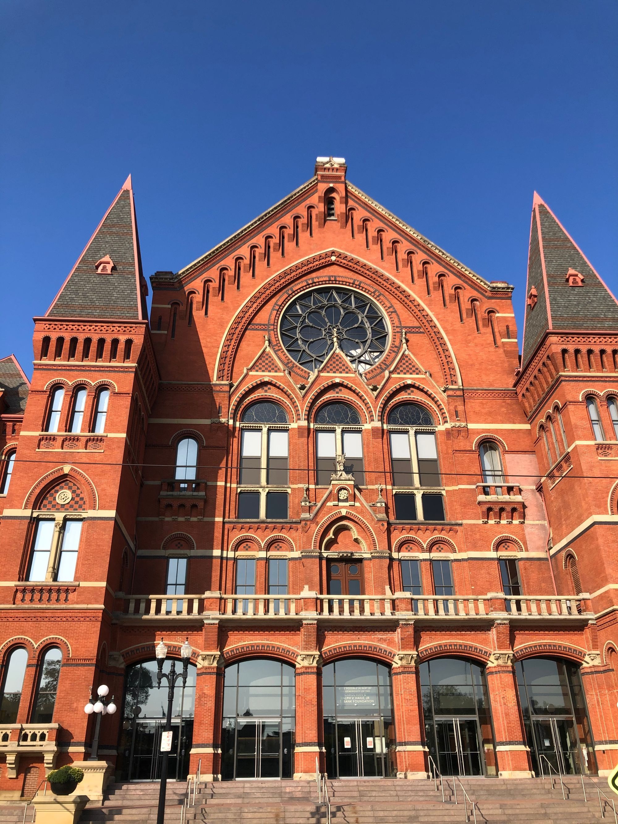 The red brick facade of Cincinnati Music Hall in Over-the-Rhine.