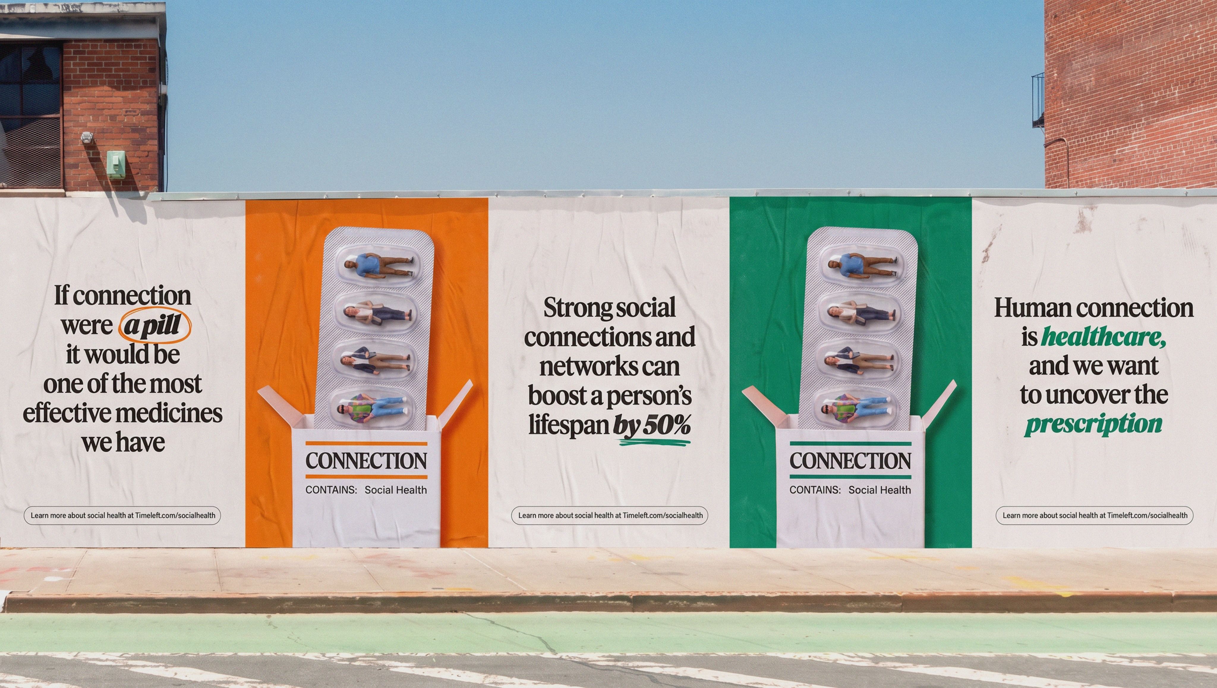 Timeleft Human connection is healthcare campaign posters on a city street