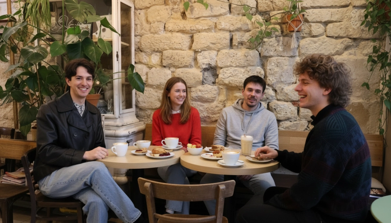 Four people talking around a café table