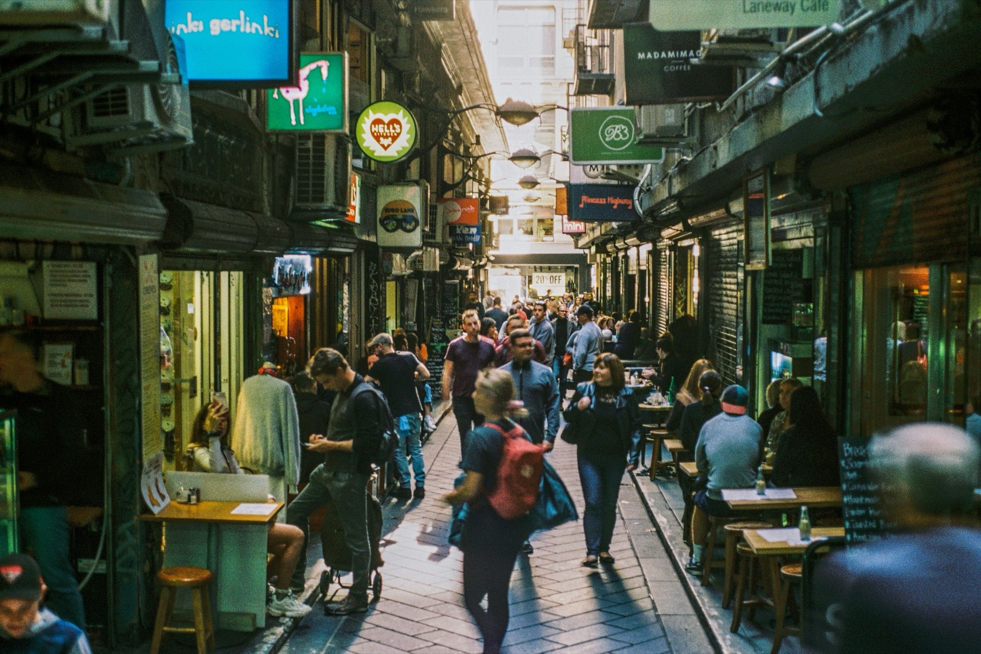 People walking along Degraves Street, a café laneway in Melbourne
