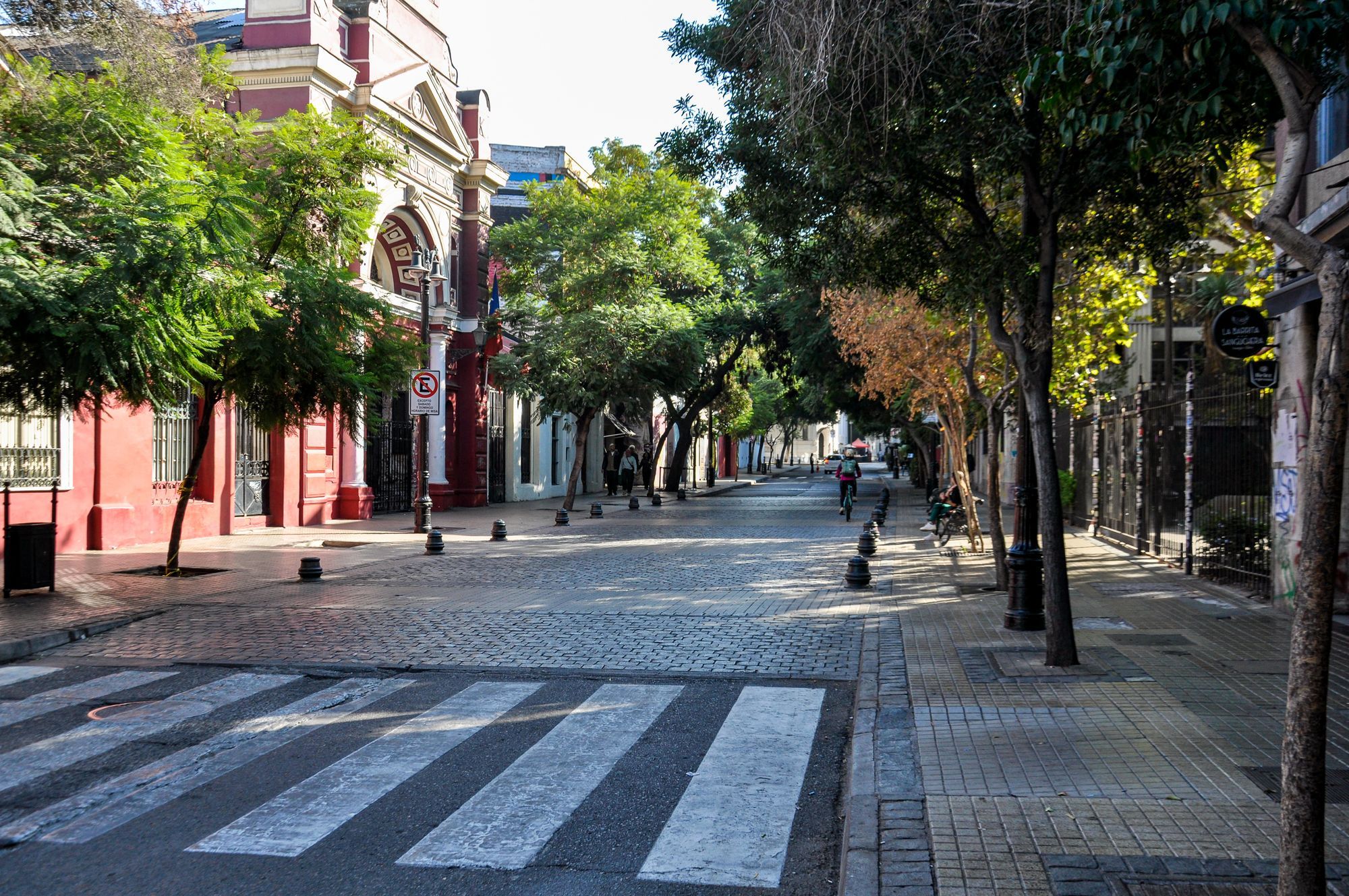 A tree-lined street with a zebra crossing and coloured facades in Barrio Bellavista, Santiago.