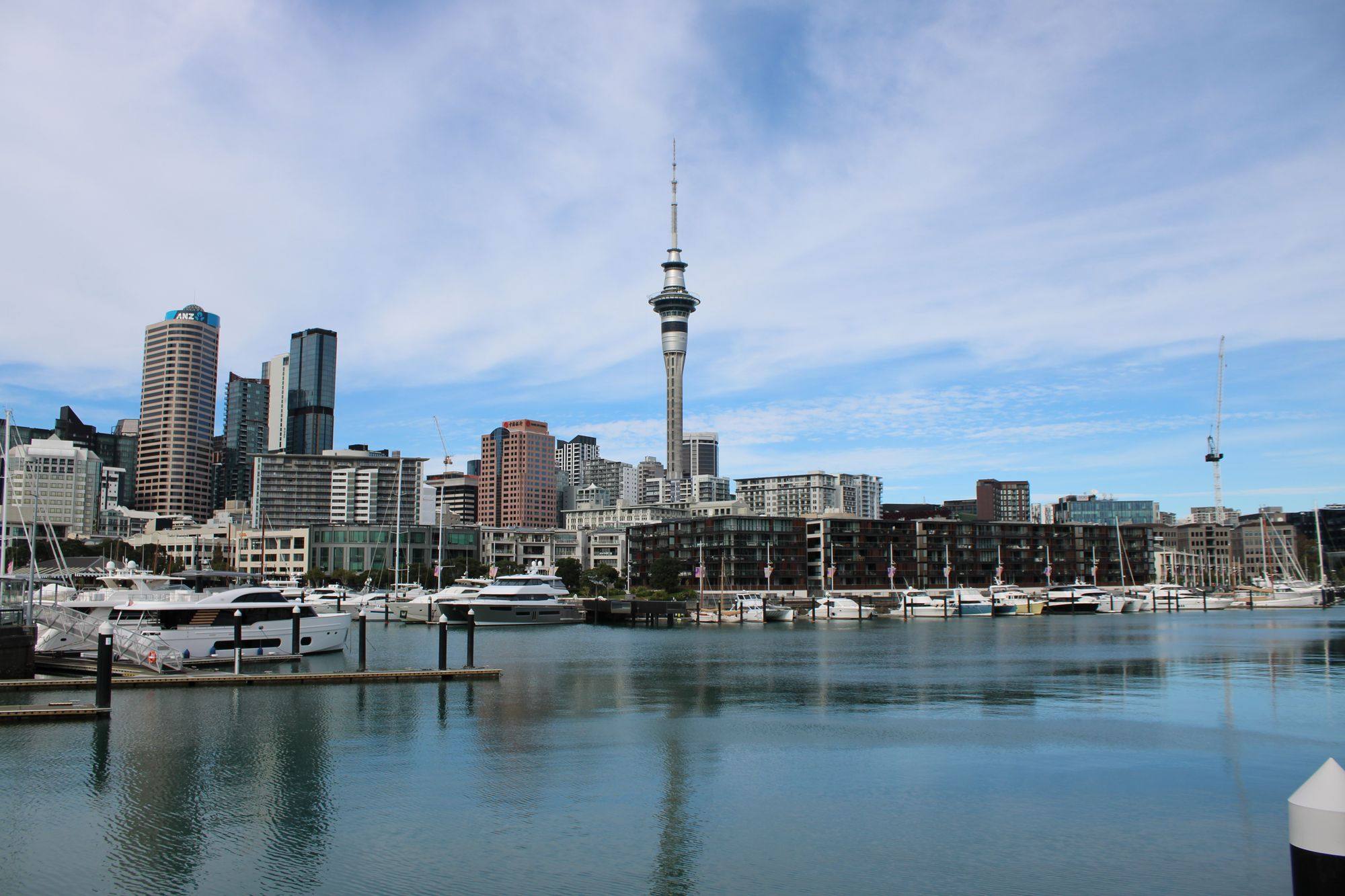 The Sky Tower rising above the Viaduct Harbour marina and city towers in Auckland, with the water in the foreground.