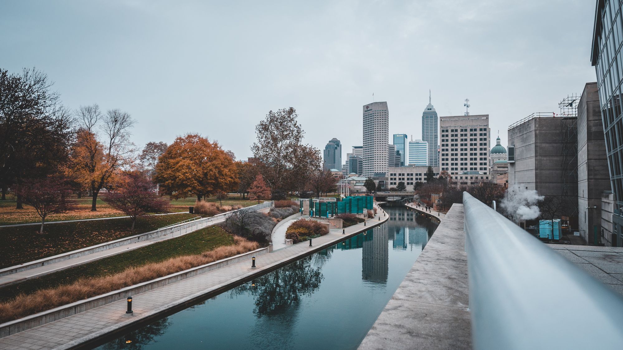 The Central Canal in Indianapolis, with the downtown skyline in the distance.