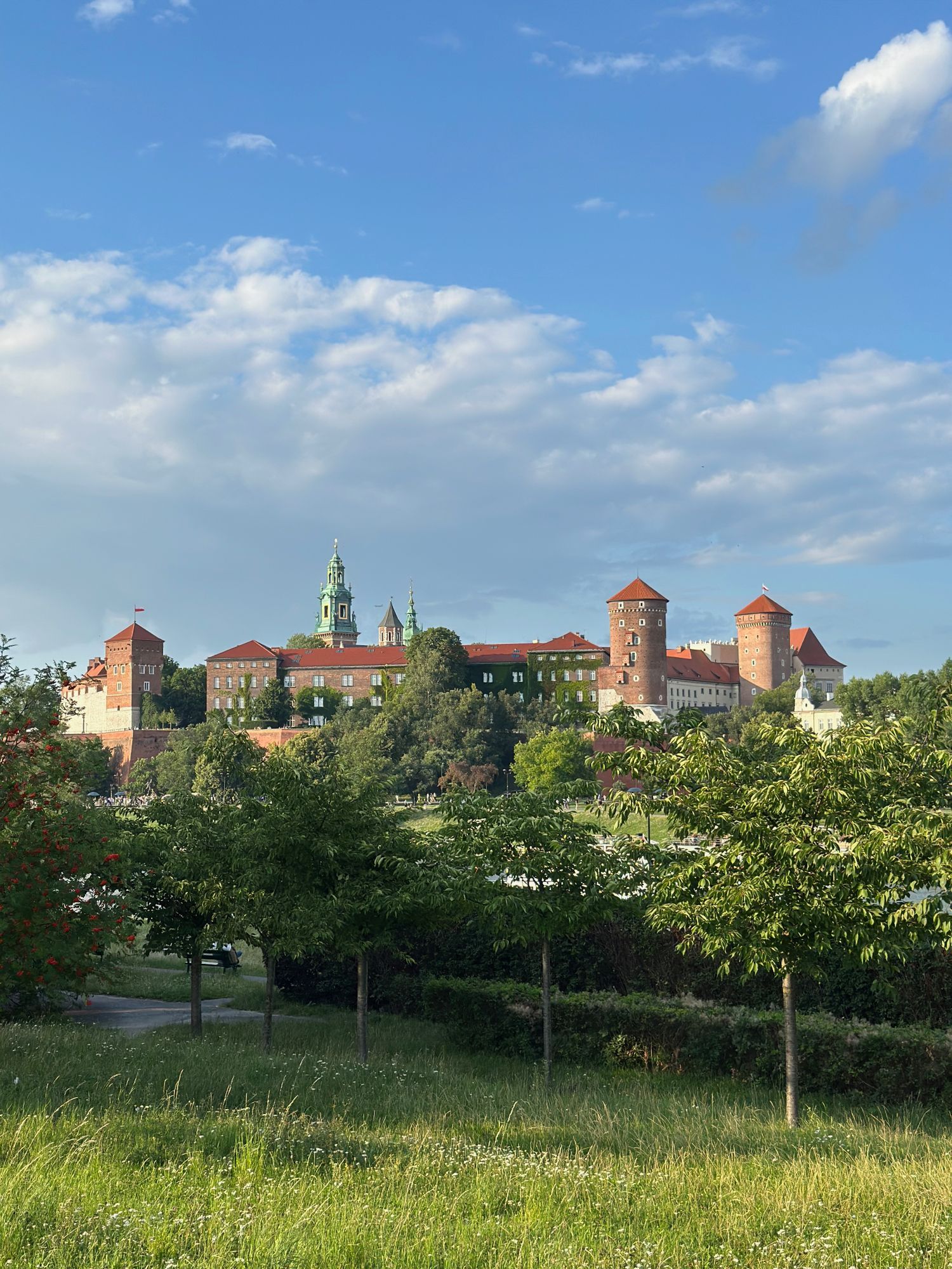 Wawel Royal Castle on its hill above a park in Kraków in summer.