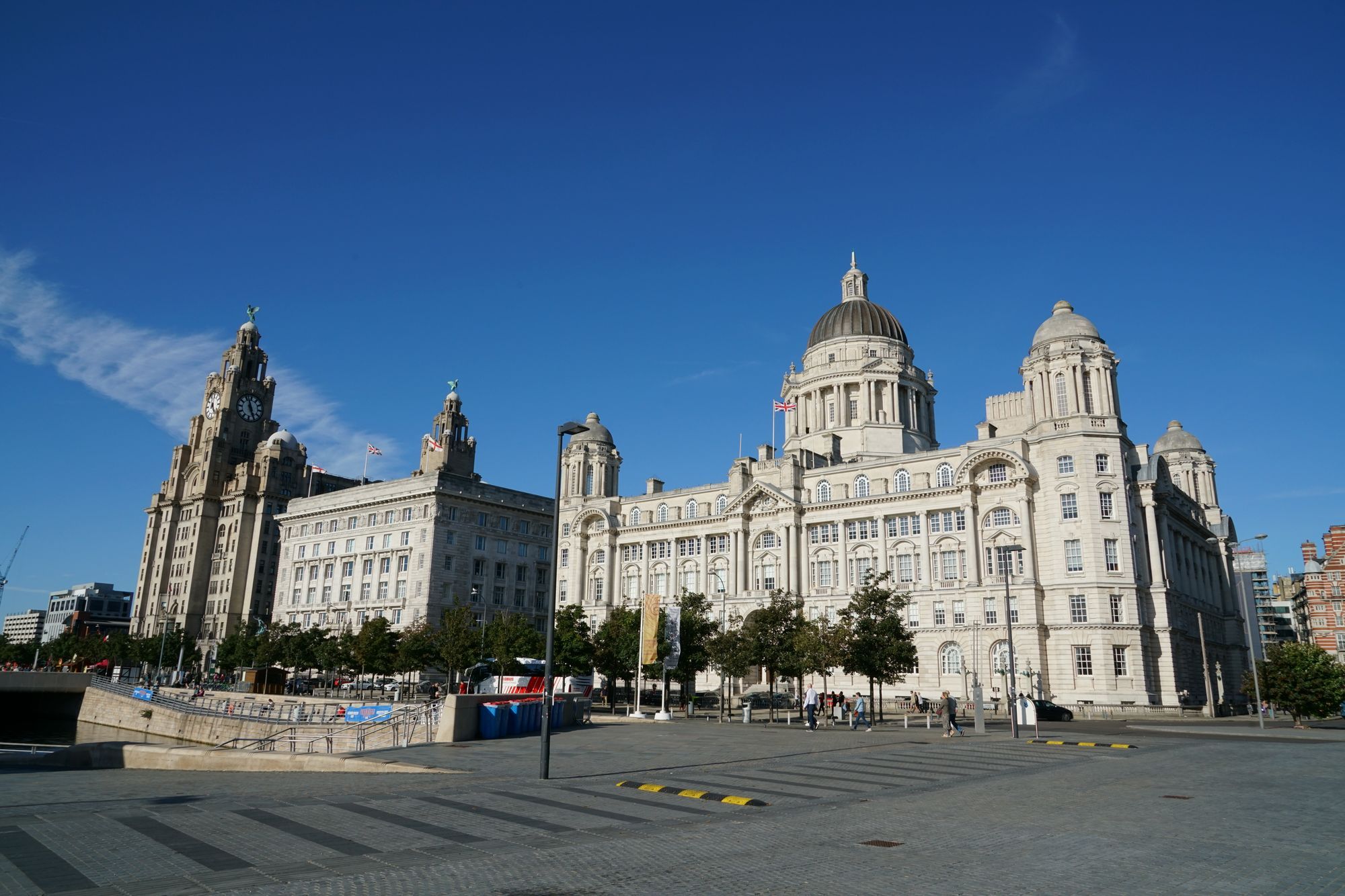 The Royal Liver Building, Cunard Building and Port of Liverpool Building from the Pier Head in Liverpool.
