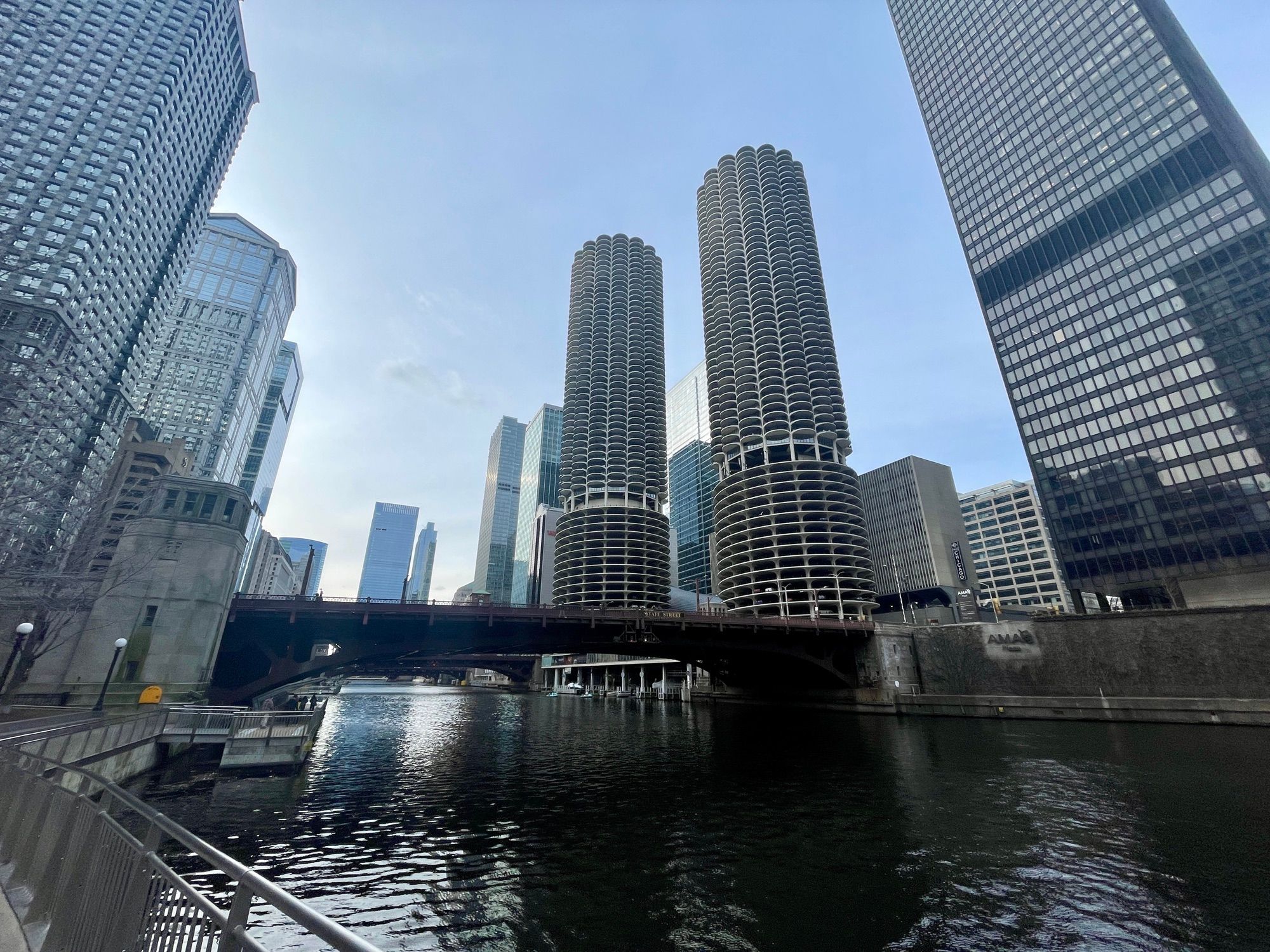 Marina City’s twin towers above the Chicago River