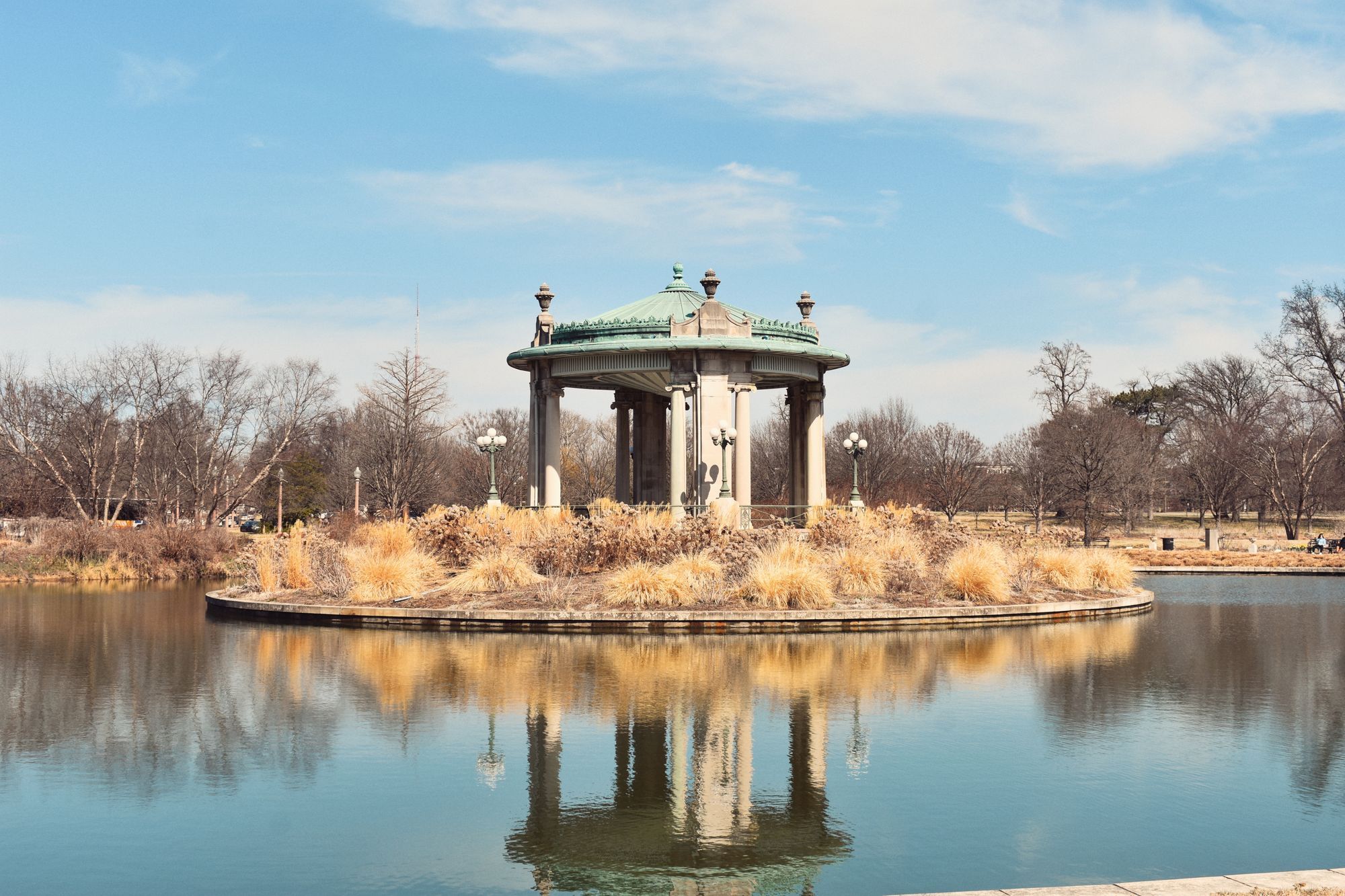 The Nathan Frank Bandstand reflected in Pagoda Lake in Forest Park, St. Louis.