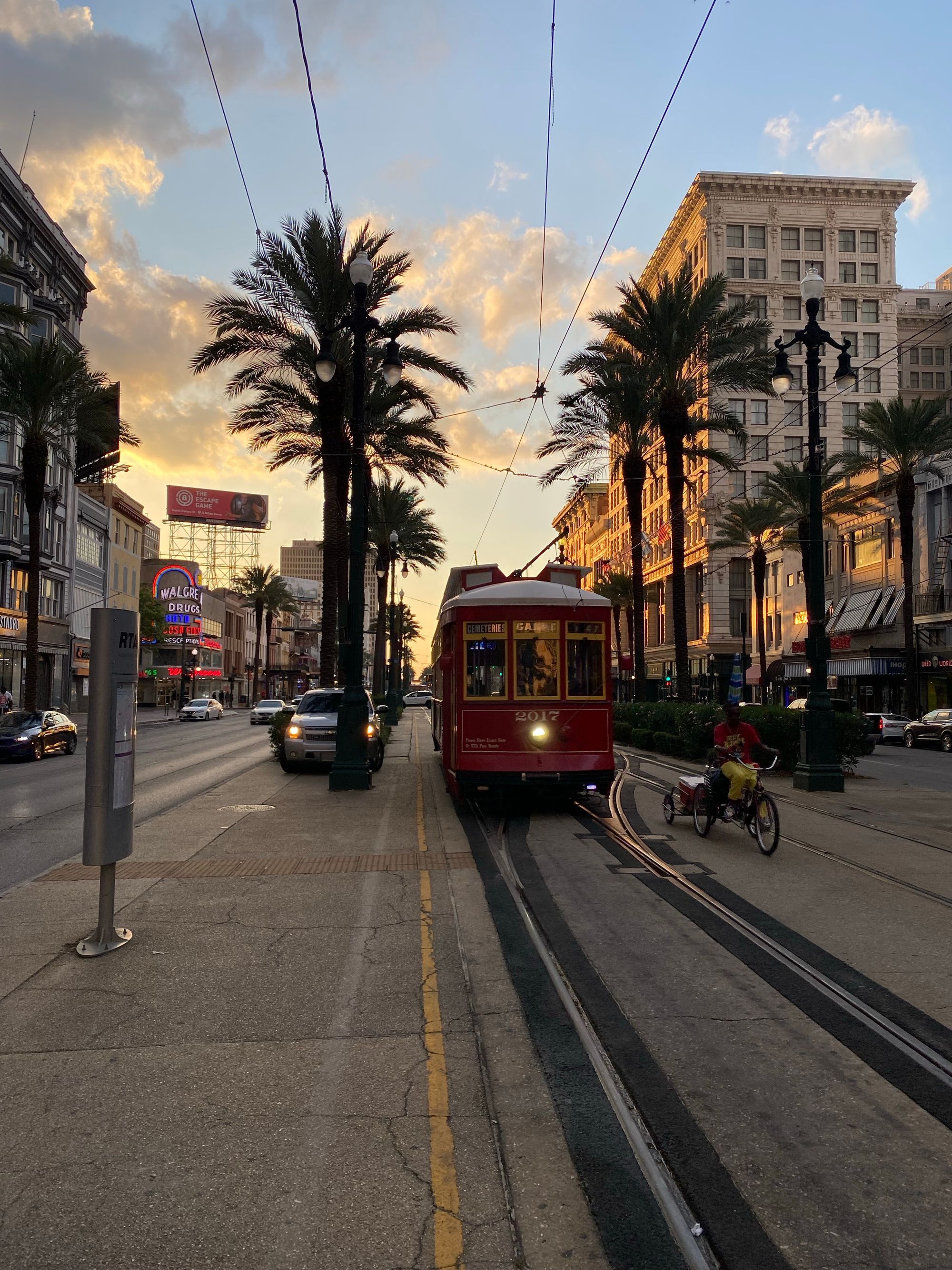 A red streetcar on a palm-lined New Orleans street at sunset.
