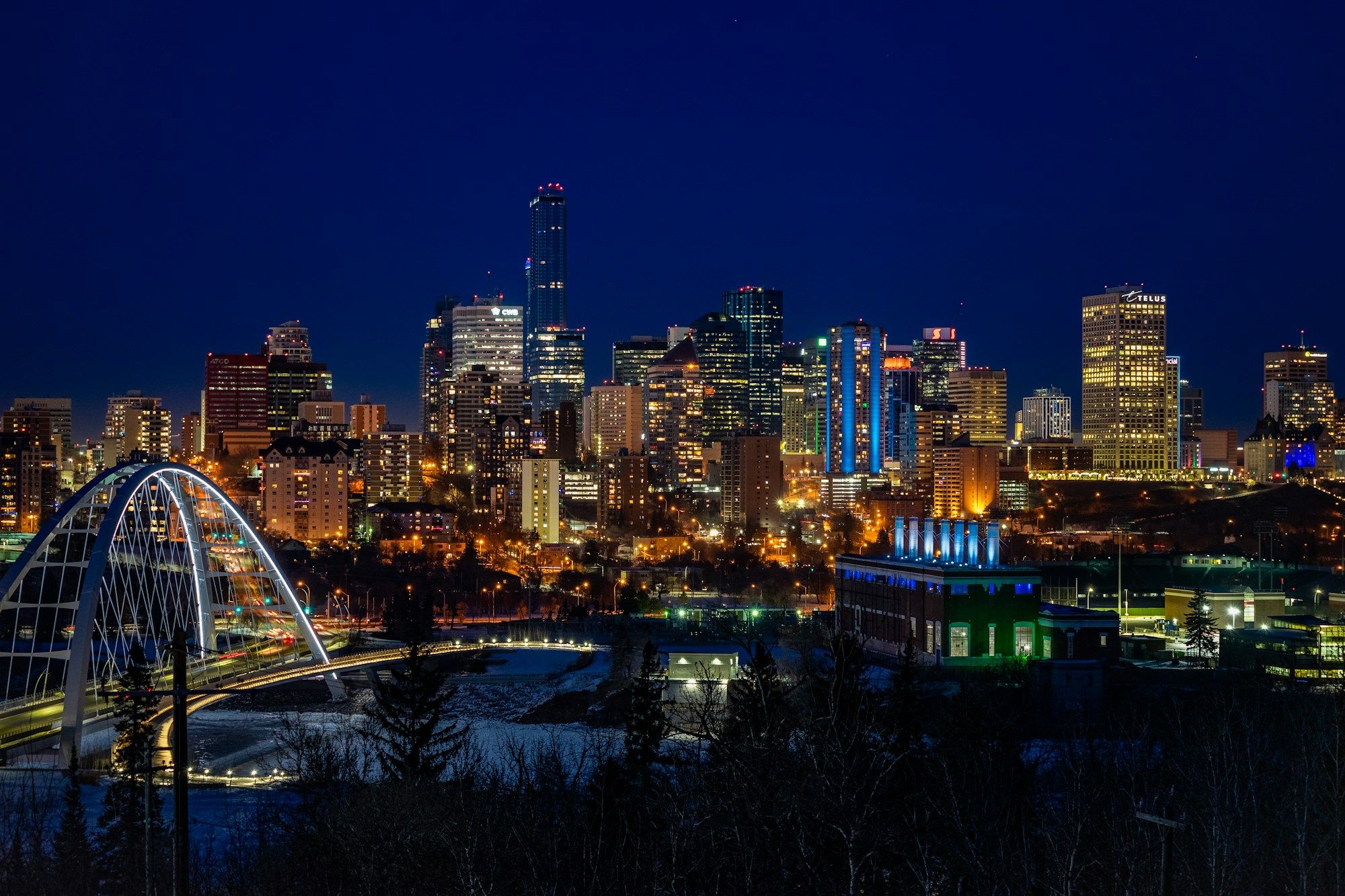 The Edmonton skyline and the Walterdale Bridge lit up at night