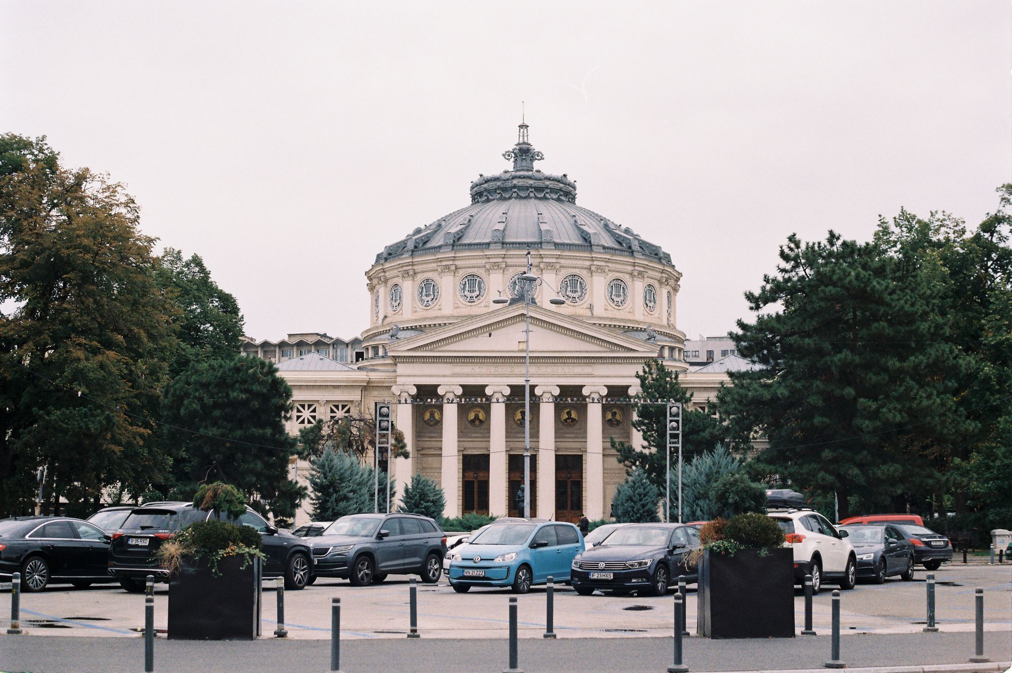 The Romanian Athenaeum in Bucharest seen across the road in front of it.