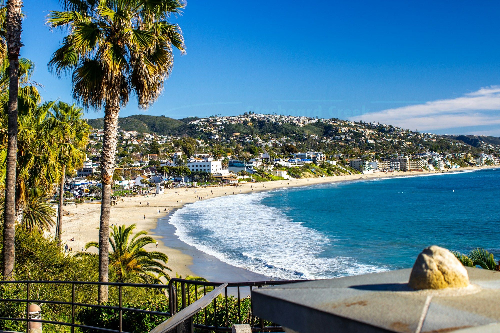 The beach and hillside homes of Laguna Beach, seen past palm trees from the cliffs.