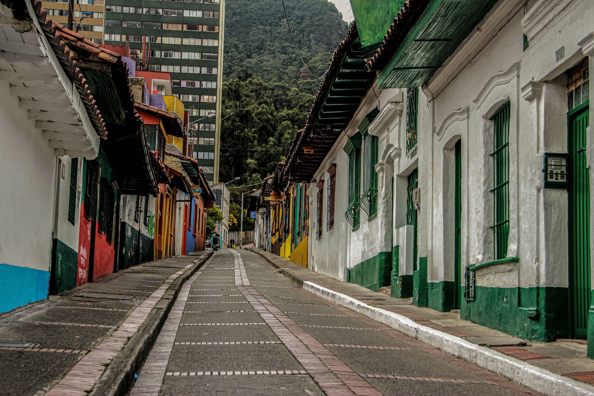 Colourful colonial houses along a street in La Candelaria, Bogotá