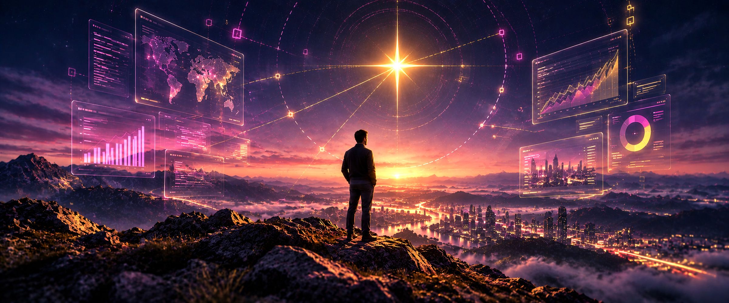 Person looking toward a technological horizon guided by the Polaris star