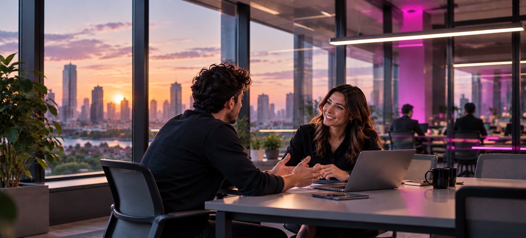 Two professionals talking in a modern office overlooking the city