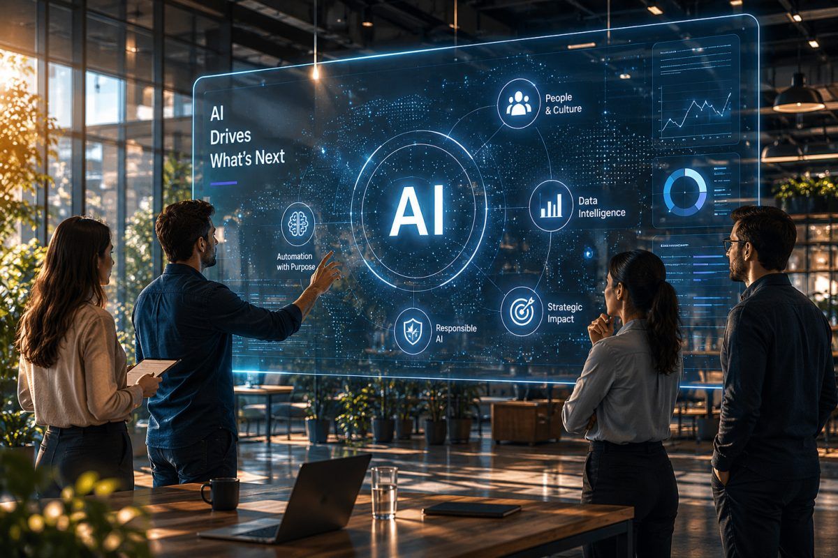 A team planning an AI adoption strategy on a virtual screen