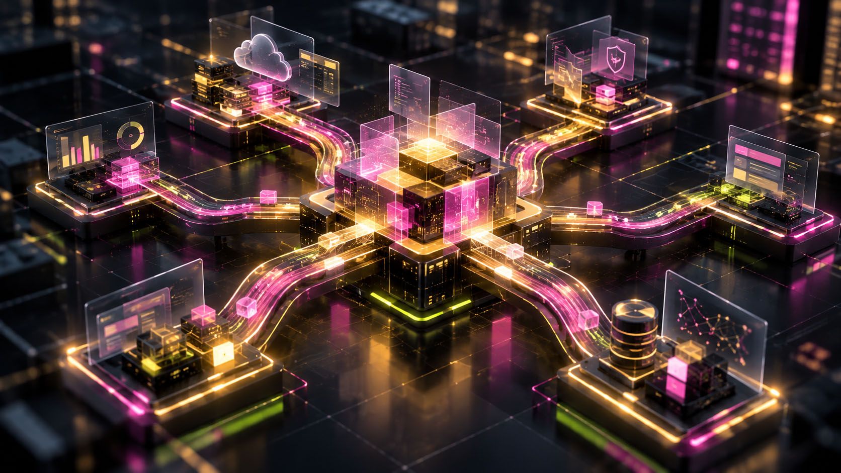 Central technology platform connecting different development environments through standardized digital workflows.