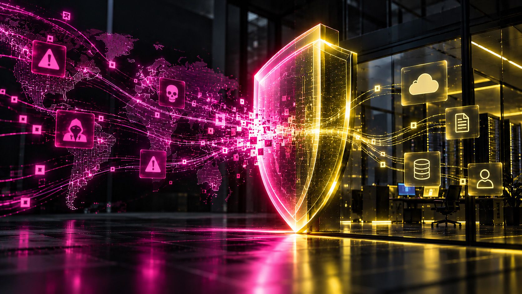 Digital shield protecting enterprise infrastructure from AI-powered cybersecurity threats.