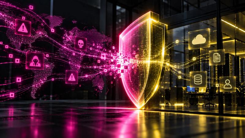 Digital shield protecting enterprise infrastructure from AI-powered cybersecurity threats.