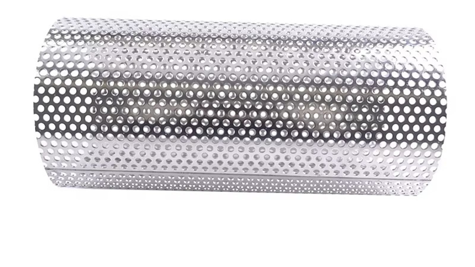 Close-up of a cylindrical stainless steel filter tube with sintered wire mesh media for high-temperature filtration