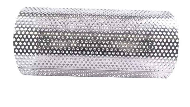 Cross-section of a stainless steel perforated filter tube support core showing a woven wire mesh layer backed by a drilled metal skeleton with round holes