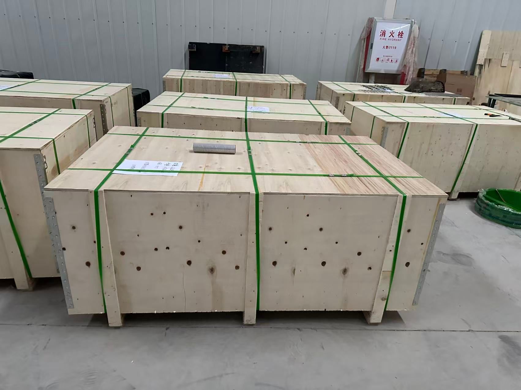 Warehouse staging area with export wooden crates before dispatch