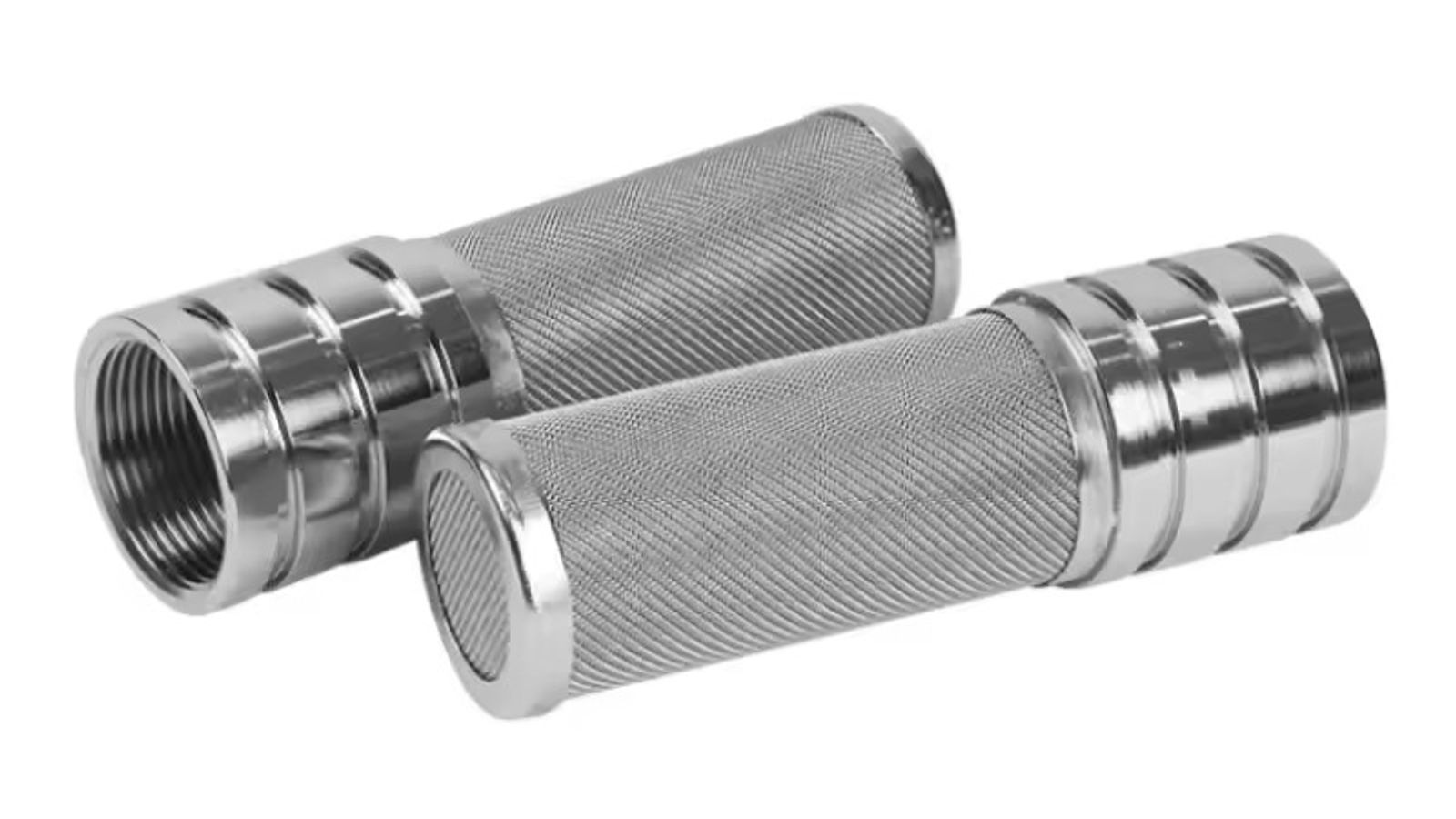A quality inspector examining a welded stainless steel wire mesh filter assembly with a caliper, checking weld seams and dimensional tolerances