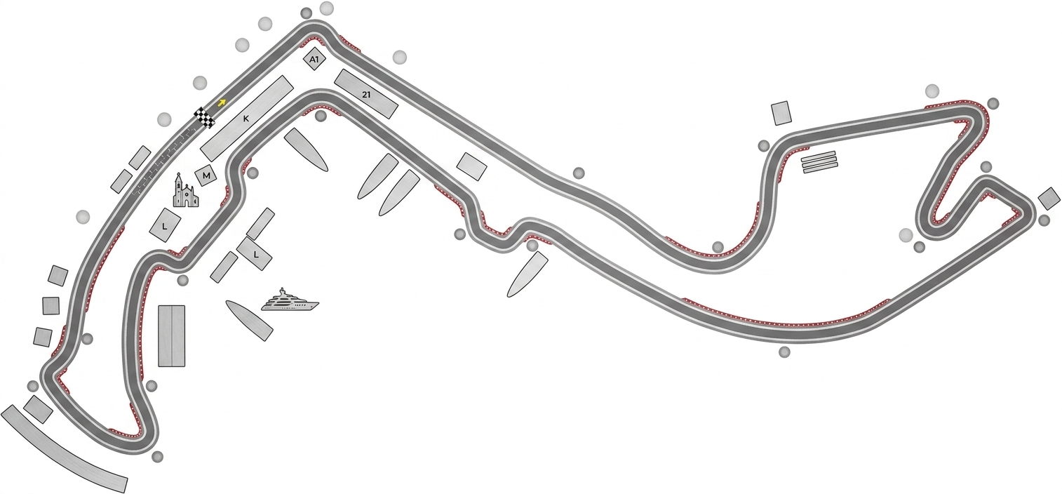 Map of the Monaco street circuit with the harbour and city landmarks