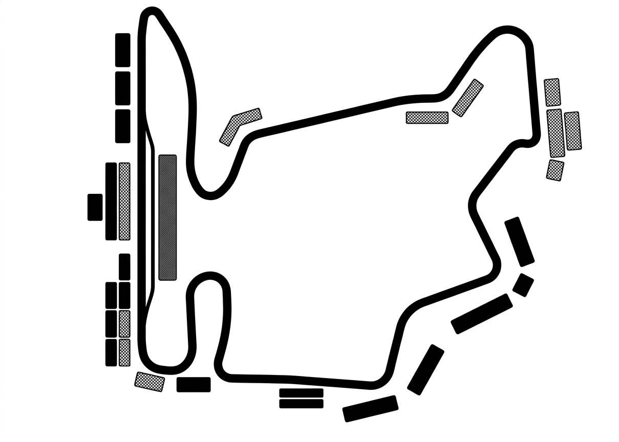 Track map of a Formula 1 circuit with grandstands marked