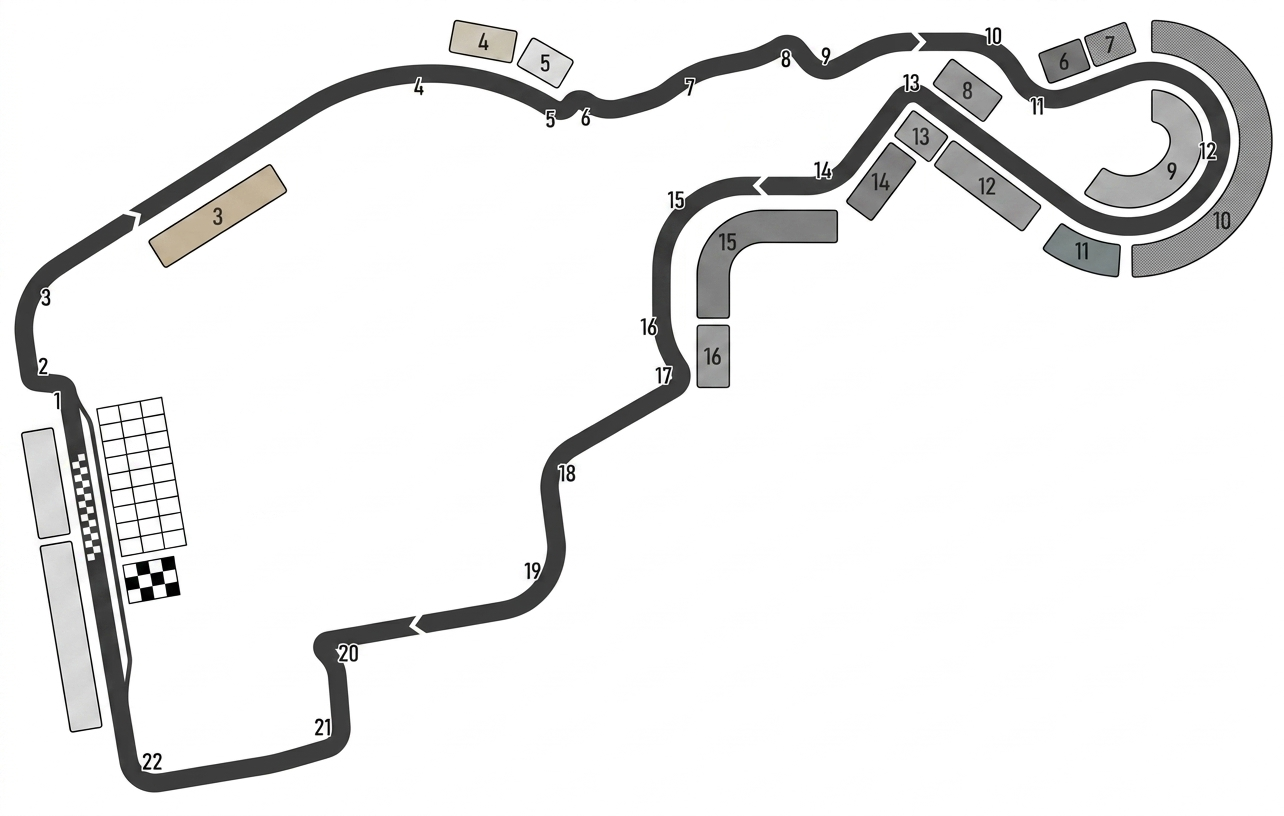 Map of the Madrid circuit with numbered corners and grandstands