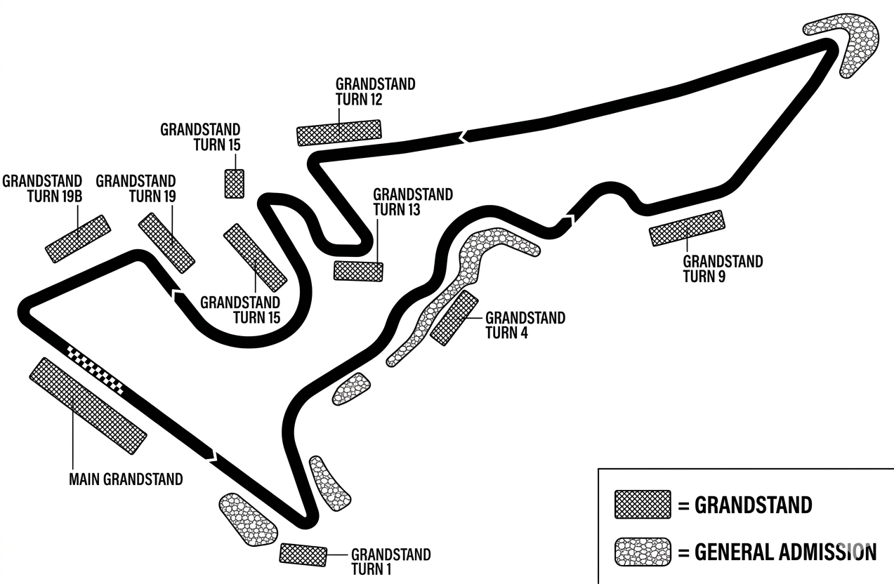 Map of the Circuit of the Americas with labelled grandstands and general admission areas