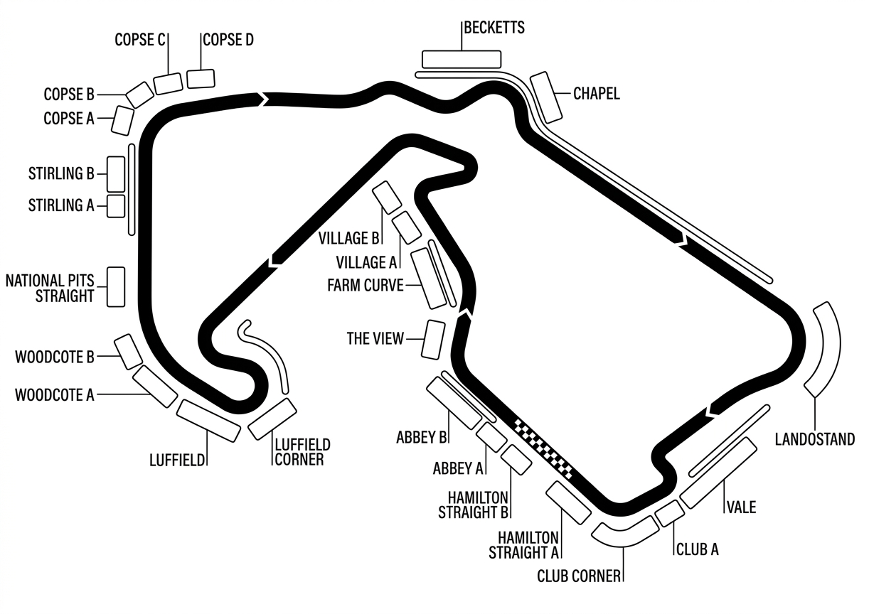 Map of the Silverstone circuit with named corners and grandstands