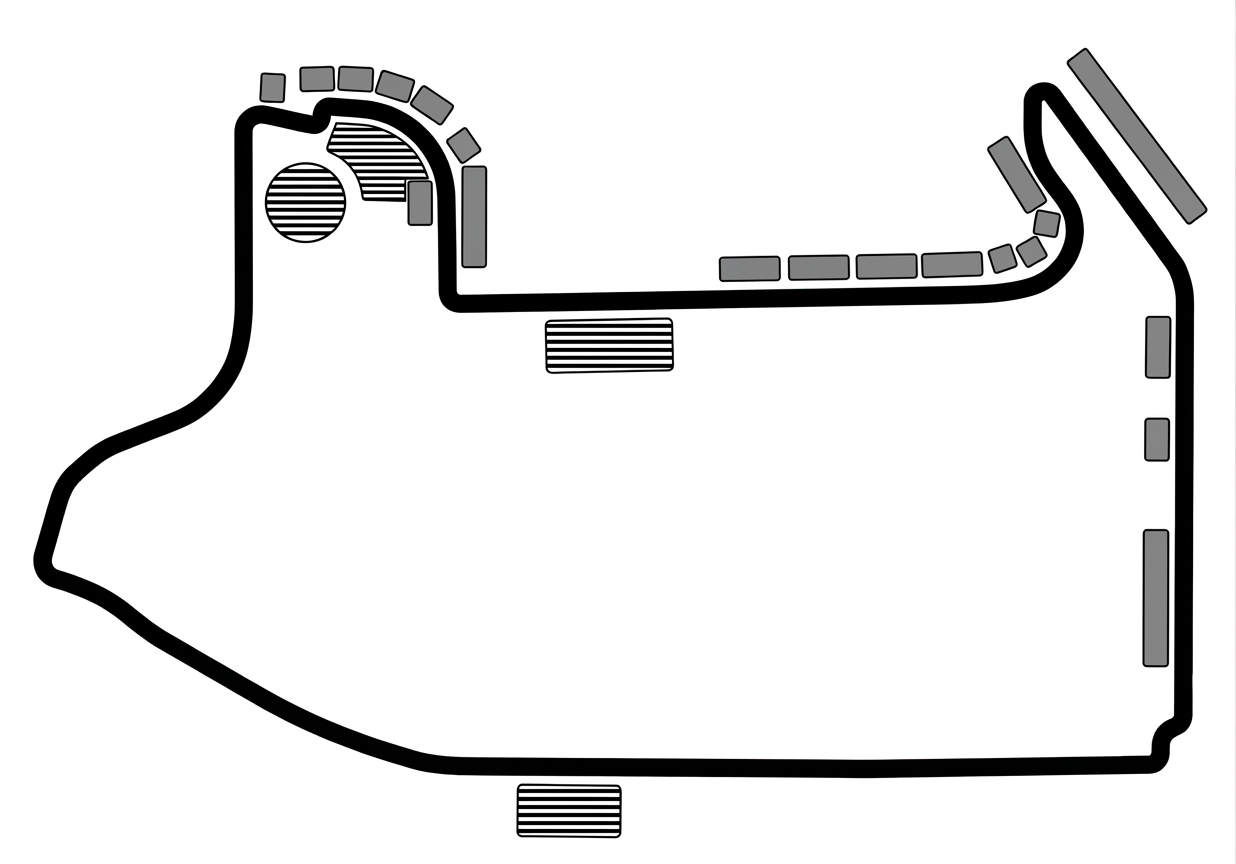 Outline track map of a Formula 1 circuit with grandstands marked