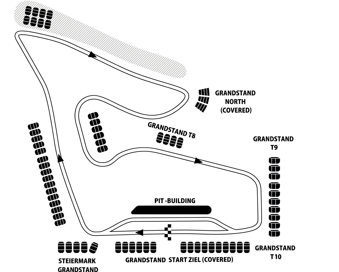 Map of the Red Bull Ring circuit with labelled grandstands