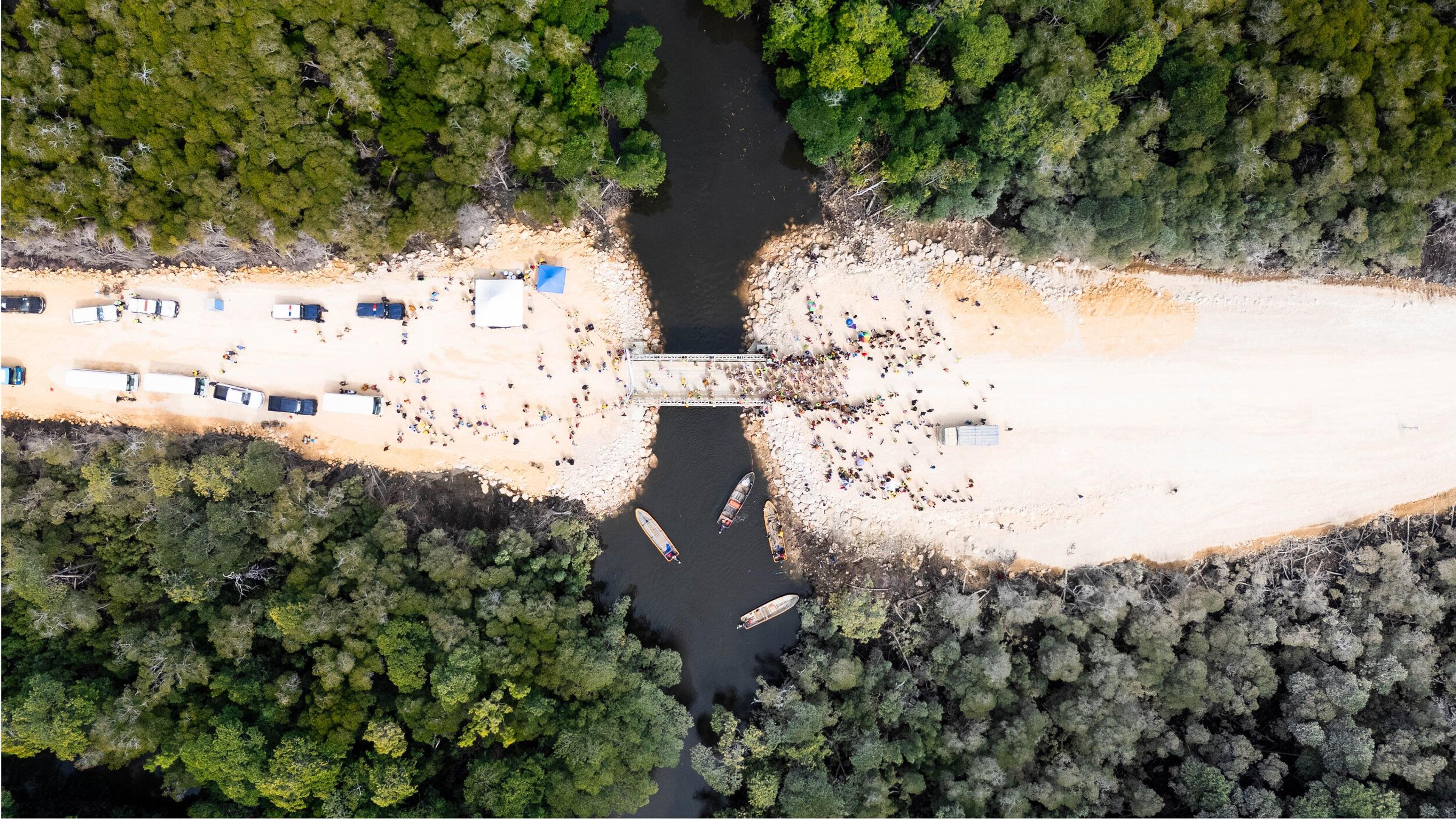 An aerial view of the new causeway crossing mangroves