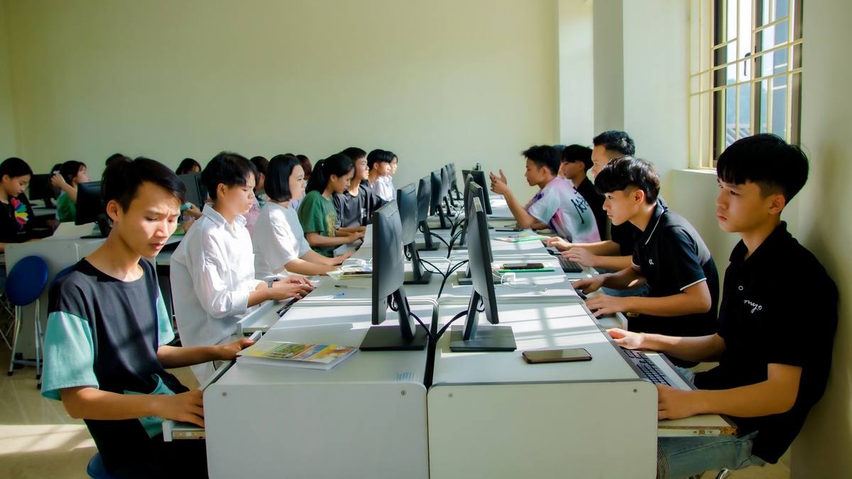 Students working at computers in a college lab