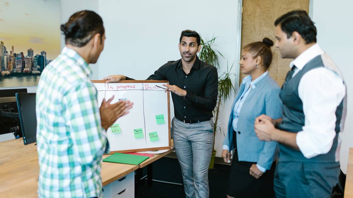 A team reviewing work together in a meeting